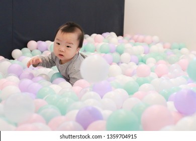 Asian Baby Playing In Colorful Ball Pool (ball Pit)