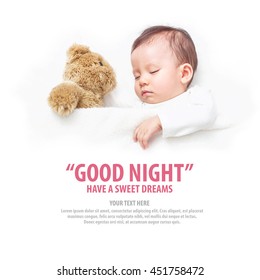 Asian Baby Sleeping With Her Teddy Bear With Wording Good Night Have A Sweet Dreams, New Family And Baby Healthy Concept