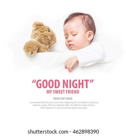 Asian Baby Sleeping With Her Teddy Bear With Wording Good Night My Sweet Friend, New Family And Baby Protection From Mom Concept