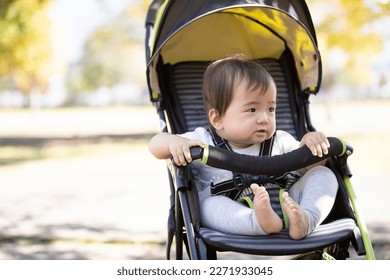 Asian baby in a stroller to the park