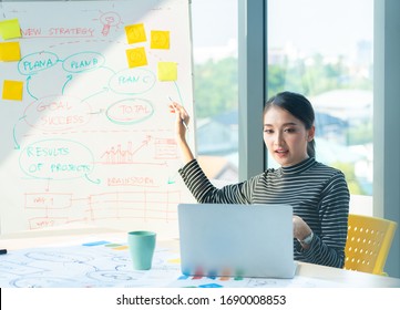 Asian beautiful entrepreneur working and talking video online with laptop and chart board in office or home desk, work at home and social distancing protect coronavirus or covid-19 health care concept - Shutterstock ID 1690008853