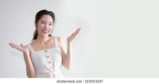 Asian Beautiful Woman Raise Both Palm With Smile And Happy To Show Confidence With Worry Free