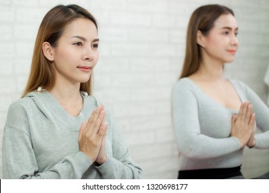 Asian beautiful woman Yoga meditation with Respect hands healthy fitness for the beautiful mind in the lifestyle - Shutterstock ID 1320698177