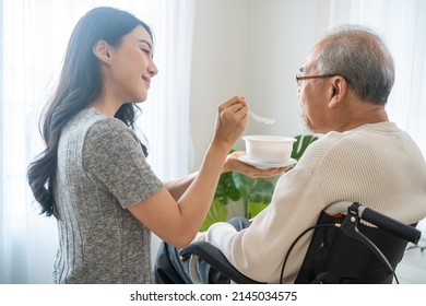 Asian Beautiful Young Daughter Support To Elderly Father On Wheelchair. Attractive Woman Serving And Feeding Food To Older Patient Grandfather In Living Room At Home. Family Healthcare Medical Concept