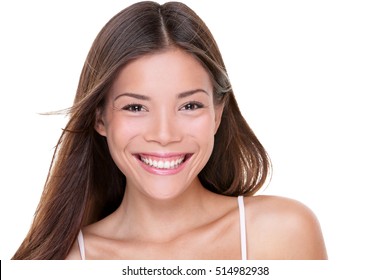 Asian Beauty Happy Healthy Woman Smiling With Perfect Teeth. Beautiful Young Chinese Girl Studio Portrait Isolated On White Background.