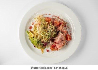 Asian Beef Salad. Inspired By Thai & Vietnamese Cuisine, This Salad Is Made With Fresh Healthy Vegetables And A Nicely Seared Flank Steak. Top Flat Lay View On White Isolate Background.