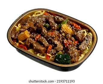 Asian Beef Stirfry With Noodles. Isolated On White.