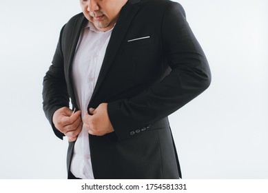 Asian Big Fat Overweight Men In Suit Isolated On White Background.