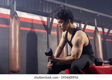 Asian Boxer Lifting the Dumbbell For a Training