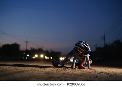 Asian Boy About 2 Years Fall And Get Up On Balance Bike