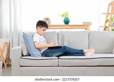 Asian Boy Learning To Use Laptop, He Feel Fun And Happy About Online Education, He Search Information And Study In Home, Network And Technology