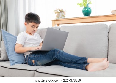 Asian Boy Learning To Use Laptop, He Feel Fun And Happy About Online Education, He Search Information And Study In Home, Network And Technology