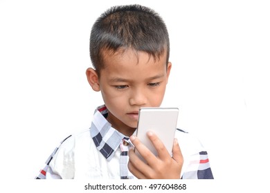 Asian Boy Look Mobile Phone On White Background