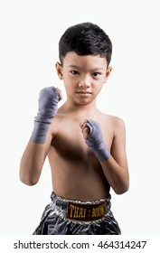 Asian Boy Muay Thai Boxing In Studio On White Background.