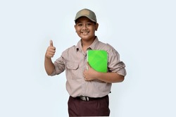 Asian Boy With Smiling Expression With Thumbs Up, Isolated At White Background