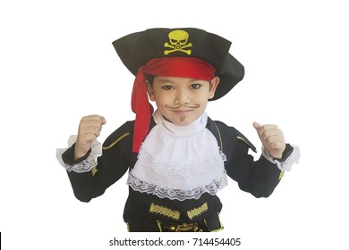 Asian Boy Smiling In Pirate Costume Isolated Over White