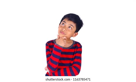 Asian boy with thinking expression isolated on white