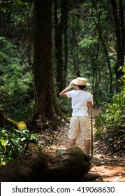 Asian Boy Traveler Binoculars Birdwatching Forest Nature Looking Tree Adventure 