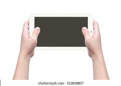 Asian Boy's Hand Holding Tablet Computer