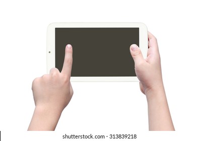 Asian Boy's Hand Pointing On Screen Of Tablet Computer