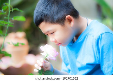 Asian boys Smelling the flowers 
