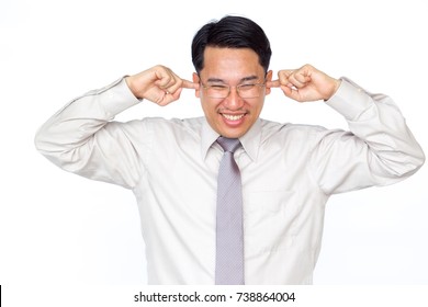 Asian Business Man Age Between 35-45 Years Old In Upset Emotional Close Up Haft Of Body On The Solid White Background.