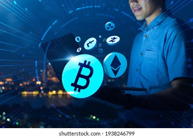 Asian Business Man Digital Cryptocurrency Market Bitcoin Ethereum Token Coin Symbol Graph Rising Trend Concept, Online Network Chain Digital Money Currency Technology Computer Code Encryption