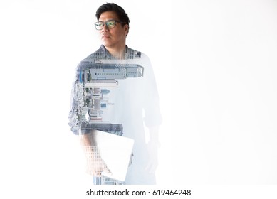 Asian Business Man Double Exposure With Building