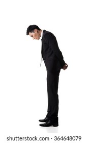 Asian Business Man Looking Down, Full Length Portrait Isolated