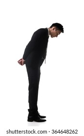 Asian Business Man Looking Down, Full Length Portrait Isolated