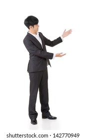 Asian Business Man Show You Something By Hands, Full Length Portrait On White Background.