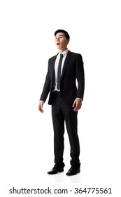 Asian Business Man Surprised With Outrageously And Funny Pose, Full Length Portrait Isolated