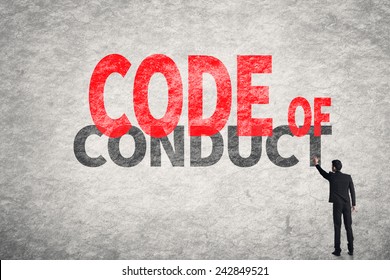 Asian Business Man Write Words On Wall, Code Of Conduct