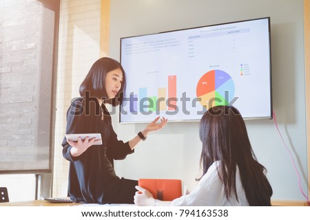 Asian business people meeting with new startup project pointing graph discussion and analysis data charts and graphs.Business finances and accounting concept