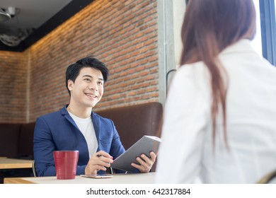 Asian Business People At Reatuarant, Man Interview Woman For Working Job, Portrait Business Concept, 20-30 Year Old.