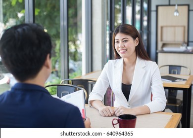 Asian Business People At Reatuarant, Woman Interview Businessman For Working Job, Portrait Business Concept, 20-30 Year Old.