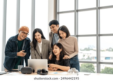 Asian business start up freelance people team analyzing statistics financial. Group Team of businesspeople man and woman Meeting Conference Discussion various topic Corporate Concept in office. - Powered by Shutterstock