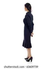 Asian Business Woman From The Back - Looking At Something Over A White Background