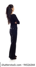 Asian Business Woman From The Back - Looking At Something Isolated Over White Background