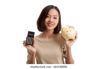 Asian Business Woman With Calculator And Piggy Bank  Isolated On White Background .