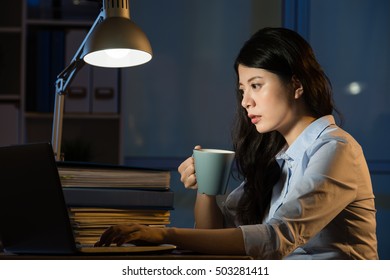 Asian Business Woman Drink Coffee Refreshing Working Overtime Late Night. Indoors Office Background