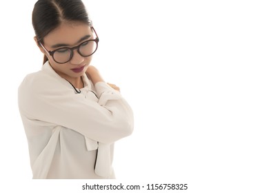 Asian Business Woman  Neck Ache When Working, Use Hand Catch Her Neck Pain From Hard Working Long Time Over White Background. Free From Copy Space. Office Syndrome Concept.