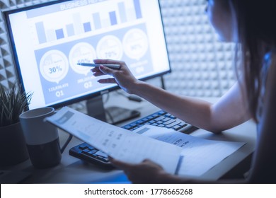 Asian Business Woman Reviewing Data In Financial Charts And Graphs. Accounting