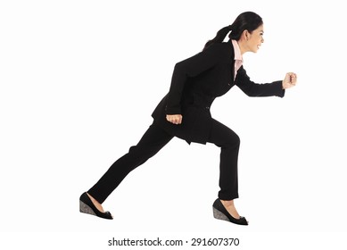 Asian Business Woman Running Isolated Over White Background