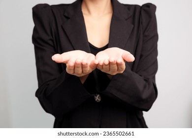 Asian business woman show welcome empty hand on white background copyspace ad use - Shutterstock ID 2365502661