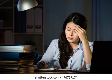 asian business woman sitting at desk headache overtime working late night. indoors office background
