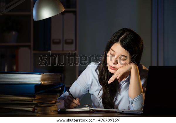 Asian Business Woman Sitting Desk Sleepy Stock Photo Edit Now