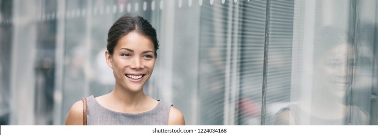 Asian Business Woman Smiling Portrait Walking In Office Going To Work. Career Lifestyle Young Professional Businesswoman Happy. Panoramic Banner.