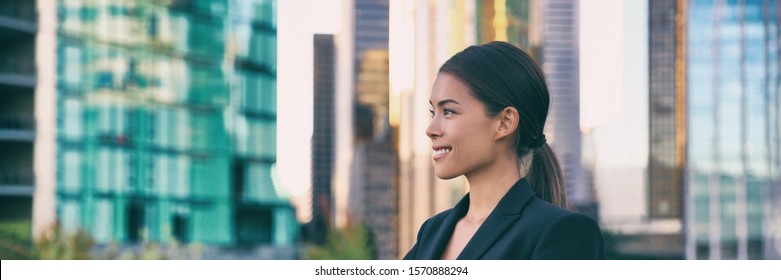 Asian Business Woman Smiling Profile Portrait Successful Career Young Leader In City Background Panoramic Banner.