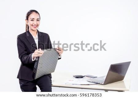 asian business woman in suit smile with flie of document isolate white background